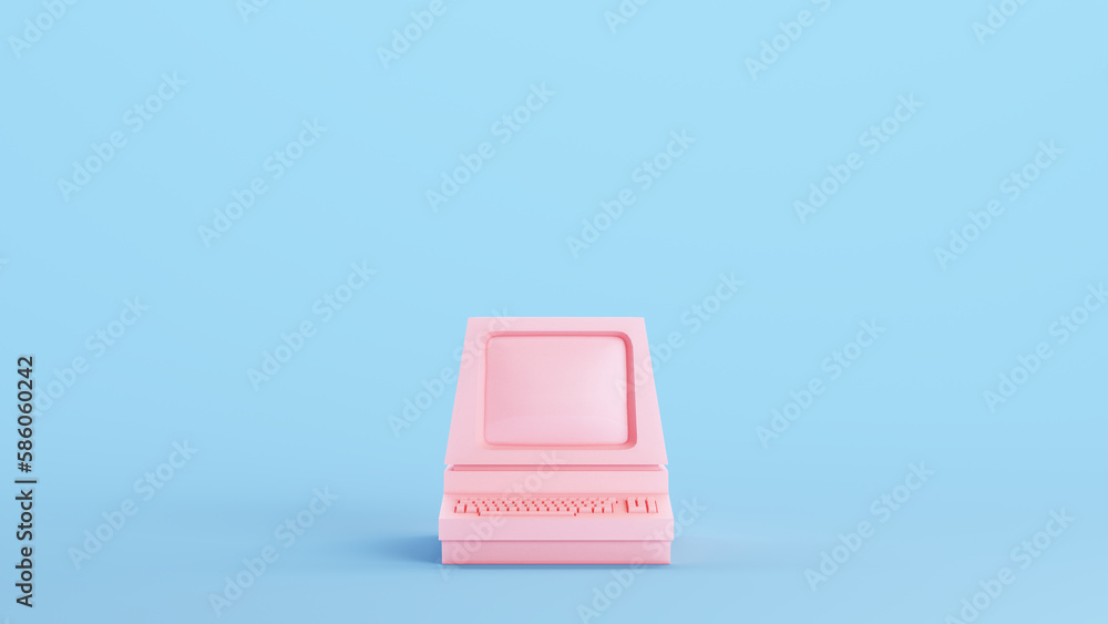 Poster pink computer retro hardware disk keyboard old desktop system screen kitsch blue background 3d illus