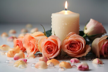 Fototapeta na wymiar candle and roses, white background. generative ai