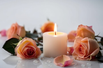 candle and roses, white background. generative ai
