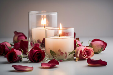 candle and roses, white background. generative ai