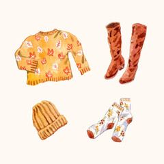Watercolor autumn outfit elements collection