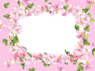 Plakat Rectangular frame of a blossoming apple tree on a pink background. watercolor illustration