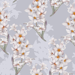 White hyacinths on light blue background. Seamless watercolor pattern