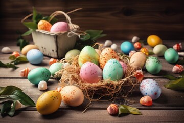 Fototapeta na wymiar colorful Easter basket filled with eggs created with Generative AI technology