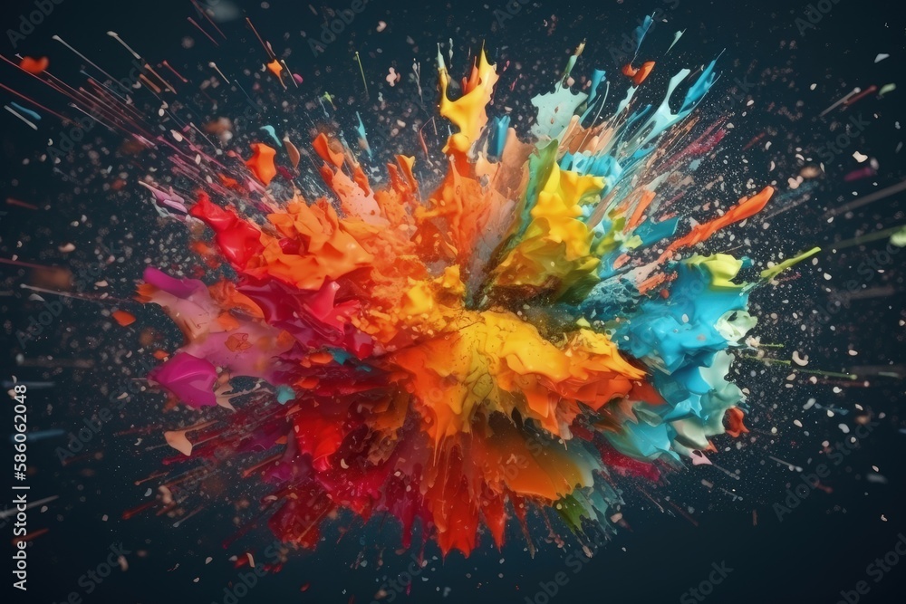 Poster vibrant paint explosion on a dark background created with generative ai technology