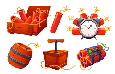 Cartoon tnt and barrel game props ui icon set in vector. Isolated bomb box and explosive dynamite asset for app interface. Time control danger stick with fuse. Military detonator on white background - obrazy, fototapety, plakaty