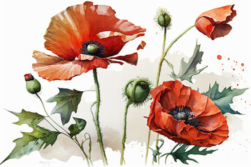 Red poppy flowers on white background. Close-up, watercolor style. Illustration generated by Ai