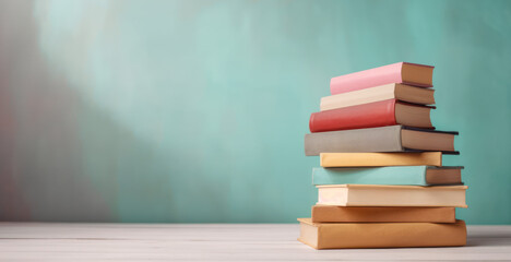 Many books on a wooden table and a pastel green background. back to school. Education. Generative AI.