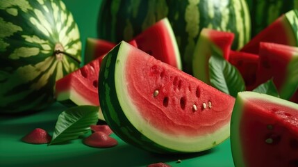 Watermelon composition on green background. Generative AI