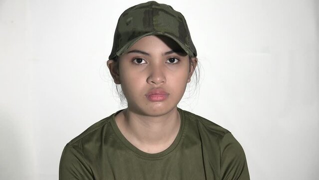 Sad Unhappy Female Army Recruit Isolated