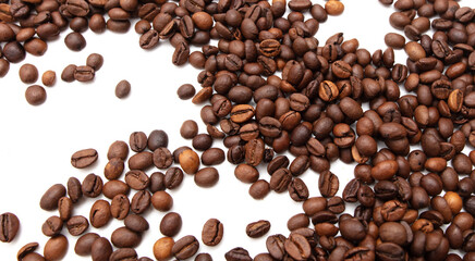 Roasted coffee beans isolated on white background.