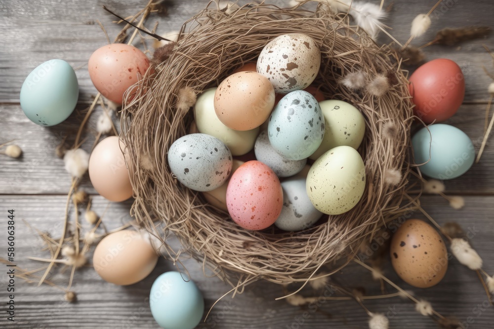 Poster nest with eggs on a rustic wooden surface created with generative ai technology