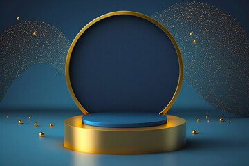 Empty gold and blue podium scene for product presentation or for cosmetic products, new luxury modern design with beautiful background. Generative AI