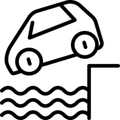Car accident, car is falling down in water. Thin line icon. Modern vector illustration.