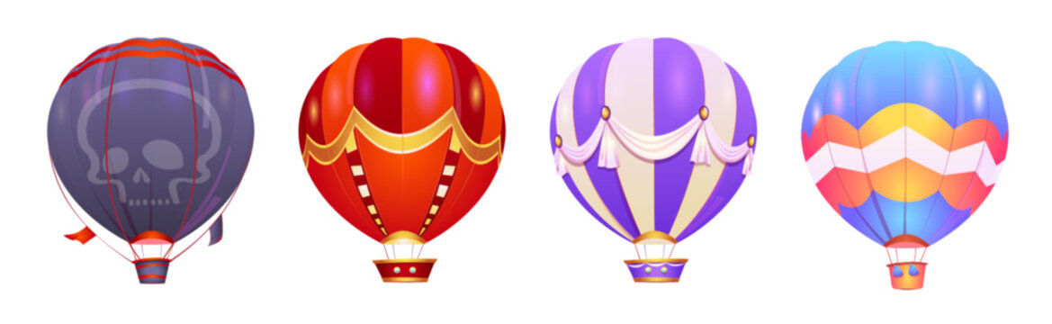 Isolated Hot Air Ballon With Basket Vector Icon Set On White Background. Cartoon Pirate Aerostat With Skull Illustration. Blue And Red Hotair Baloon Design Collection Image. Aircraft Game Asset.