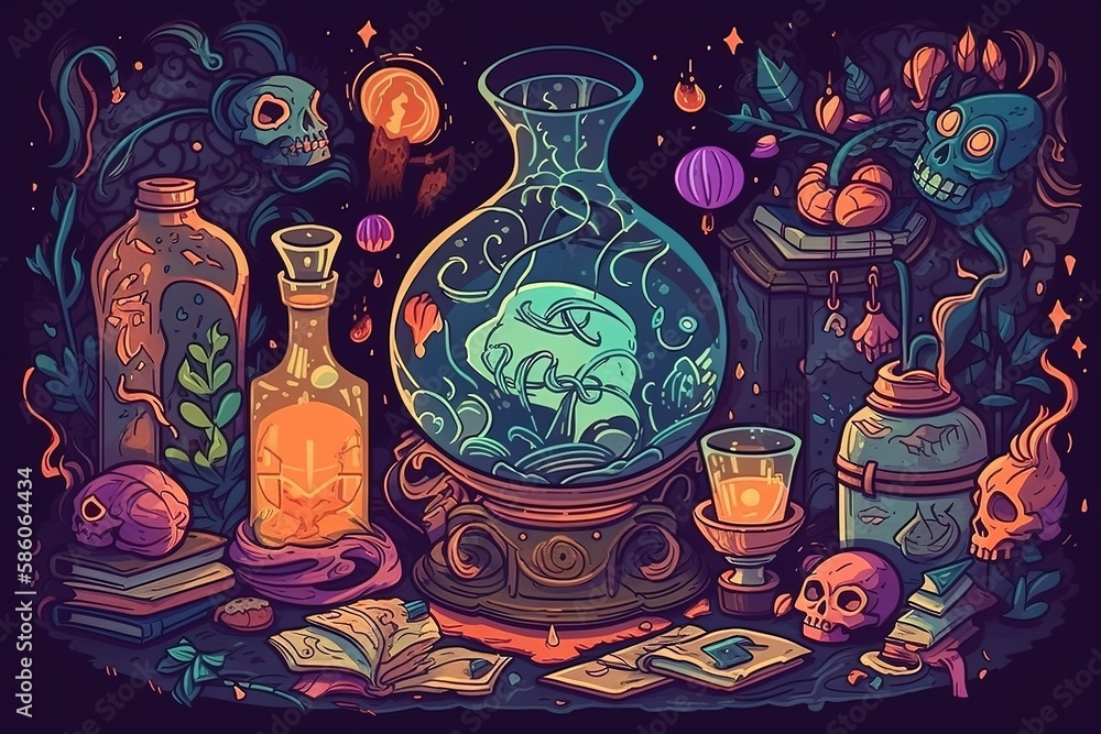 Poster colorful assortment of bottles on a table created with generative ai technology