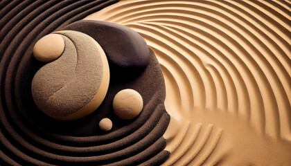 Fototapeta na wymiar zen garden meditation stone background with stones and lines in sand for relaxation balance with Generative AI Technology