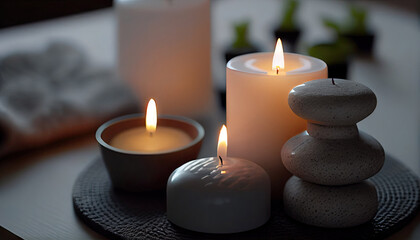 Closeup of burning candles spreading aroma on table in a spa room. Zen and relax concept with Generative AI Technology