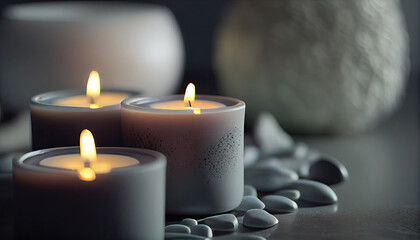 Closeup of burning candles spreading aroma on table in a spa room. Zen and relax concept with Generative AI Technology