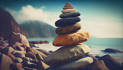Stones balance, vintage like hierarchy stack over blue sea background with Generative AI Technology