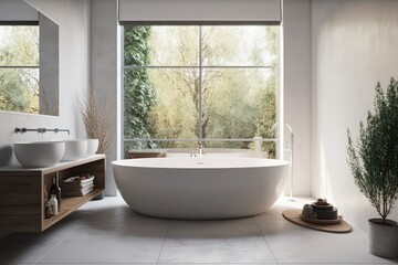 Fototapeta na wymiar serene bathroom with a white bathtub next to a window overlooking nature created with Generative AI technology