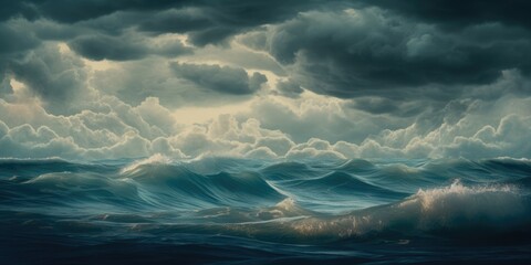 Obraz na płótnie Canvas Pacific ocean storm with turbulent waves near dusk, deep blue sea, thunderstorm rain clouds forming, fading sunlight, dangerous surf, dark overcast mood - generative AI