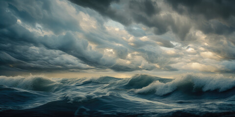 Pacific ocean storm with turbulent waves near dusk, deep blue sea, thunderstorm rain clouds forming, fading sunlight, dangerous surf, dark overcast mood - generative AI