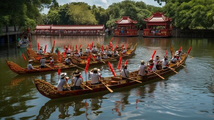 dragon boat race scene in Chinese traditional Dragon Boat Festival. Generative AI illustration.