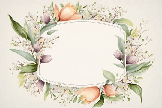 Watercolor frame with spring flowers, hand drawn art style with place for text. Generated Ai.