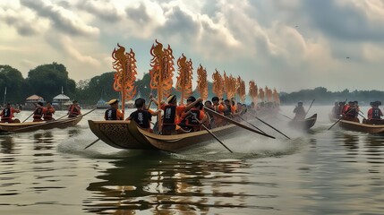 Obraz premium Rowing team race, boat racing. Generative AI illustration.