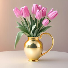 golden vase with pink tulips, generative ai