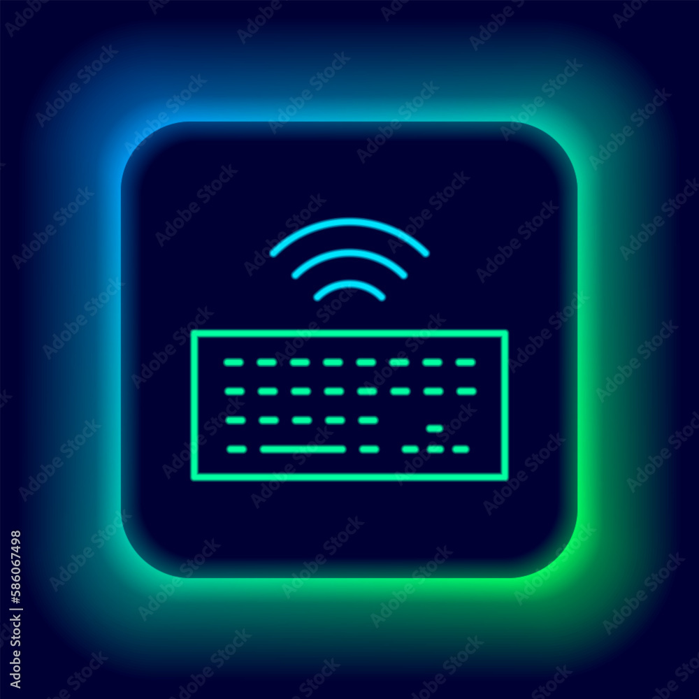 Poster glowing neon line wireless computer keyboard icon isolated on black background. pc component sign. i