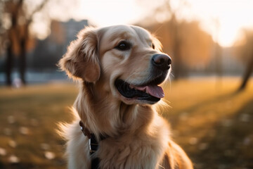 Obraz premium Golden labrador Retriever with golden fur, sitting in a park.