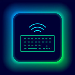 Glowing neon line Wireless computer keyboard icon isolated on black background. PC component sign. Internet of things concept with wireless connection. Colorful outline concept. Vector