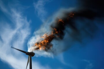 Fototapeta premium Wind turbine fire against a vivid blue sky, generative ai
