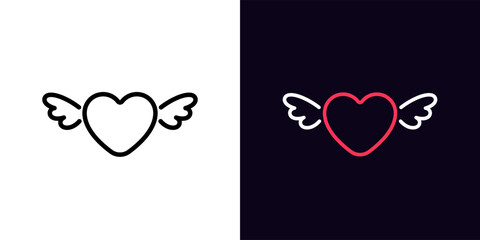 Outline flying heart icon, with editable stroke. Heart with wings, love flight pictogram. Cartoon angel heart, cute flying love with wings, romantic feeling, love paradise, passion flight.