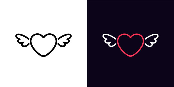 Outline Flying Heart Icon, With Editable Stroke. Heart With Wings, Love Flight Pictogram. Cartoon Angel Heart, Cute Flying Love With Wings, Romantic Feeling, Love Paradise, Passion Flight.