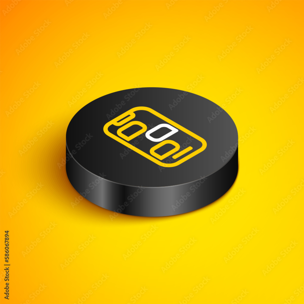 Poster isometric line new chat messages notification on phone icon isolated on yellow background. smartphon