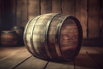 vintage wooden barrel on a rustic wooden floor created with Generative AI technology