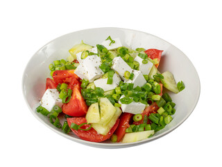 Greek Salad Isolated, Horiatiki Salat with Tomatoes, Cucumbers, Onion, Feta Cheese in White Bowl