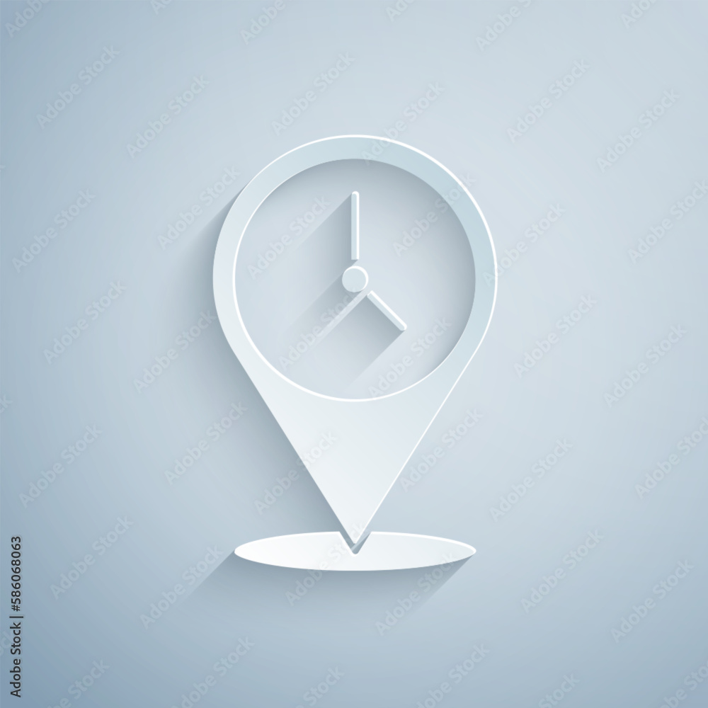 Poster paper cut location with clock icon isolated on grey background. paper art style. vector