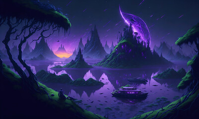 Obraz na płótnie Canvas A fantasy world with a purple sunset, green floating island, space-view comets, jungle, birds, Generative AI