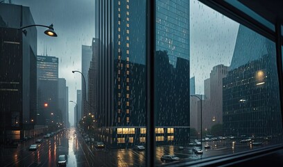 Naklejka premium a city street at night with a lot of tall buildings. generative ai