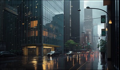 Obraz premium a rainy city street with cars driving down the road and tall buildings in the background. generative ai