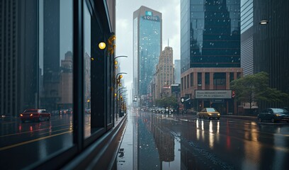 a rainy city street with cars driving down the road and tall buildings in the background.  generative ai