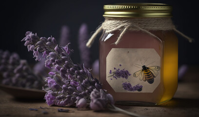  a jar of jam next to a bunch of lavender flowers.  generative ai