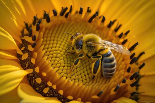 Bee gathering nectar from a bright yellow sunflower. Generative AI