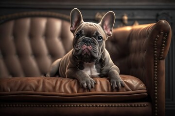 A cute French Bulldog sitting on a sofa. Generative AI