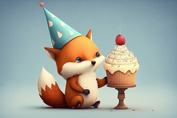 A cute fox with a party hat and a cupcake. Generative AI