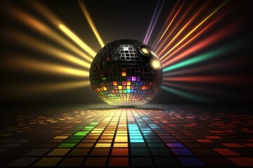A dance floor with strobe lights and a disco ball. Generative AI